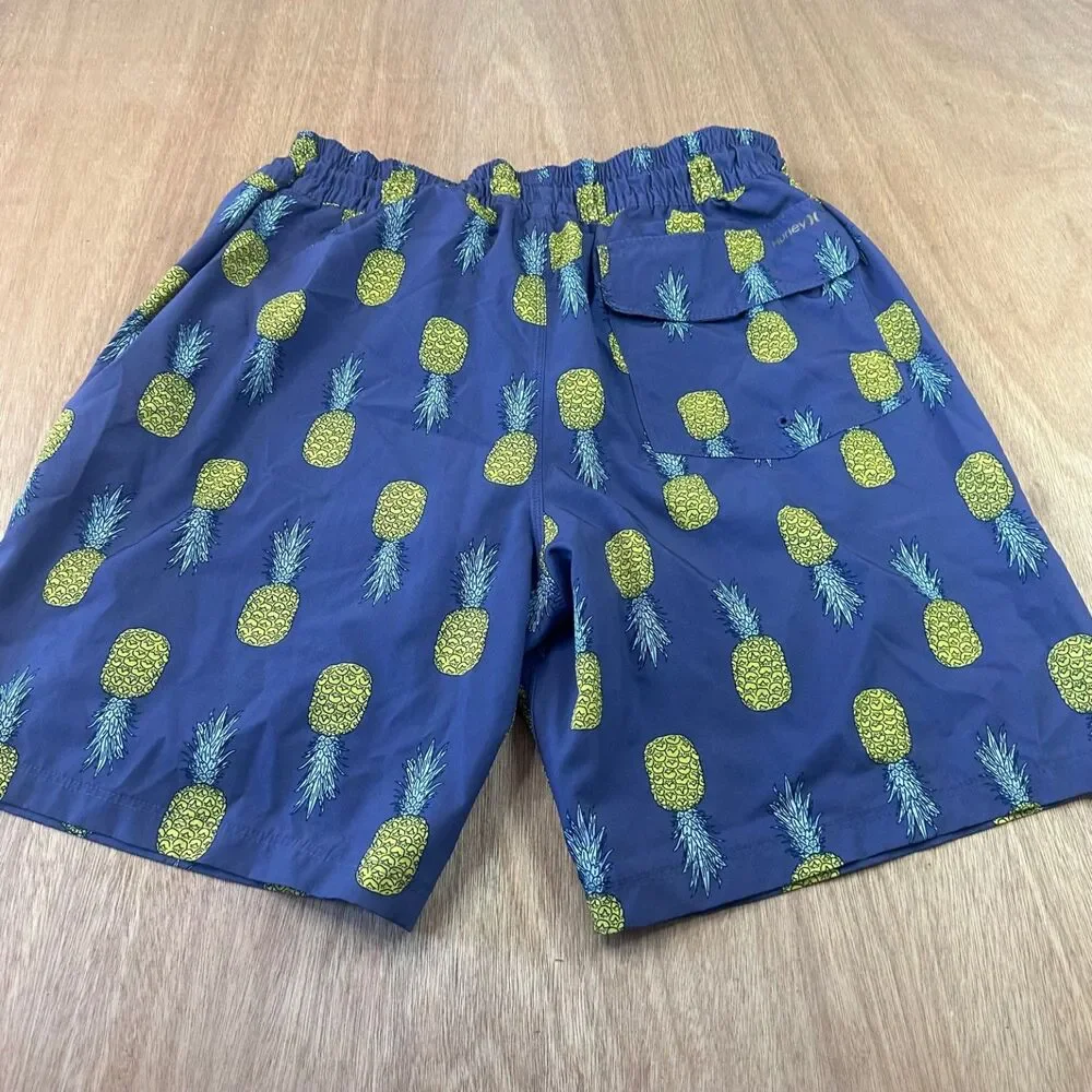 Hurley XL Navy Pineapple Swim Trunks Board Shorts Lined Elastic Waist